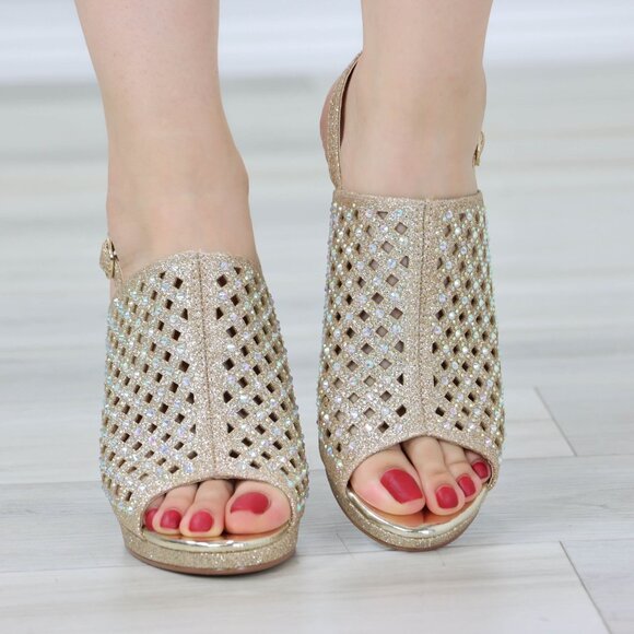 Sparkly Rhinestone Glitter Champagne Platform High Heels Open Toe Party Shoes - Picture 3 of 14